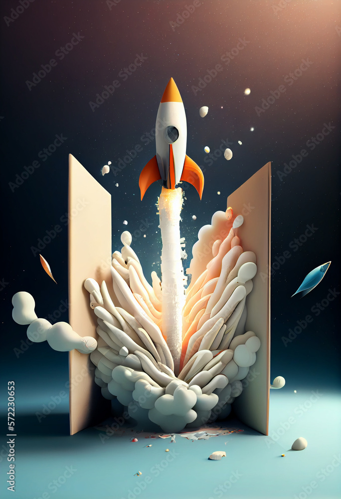 Poster beautiful abstract illustrations on a bokeh background, a toy rocket launches from the books and beg