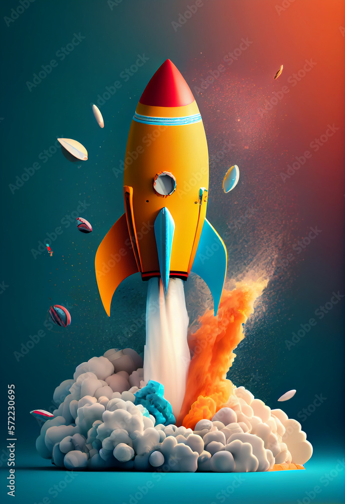 Poster beautiful abstract illustrations on a bokeh background, a toy rocket launches from the books and beg