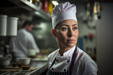 A Skilled Female Chef Captured in High-End Restaurant Kitchen. AI