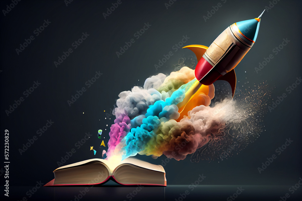Poster beautiful abstract illustrations on a bokeh background, a toy rocket launches from the books and beg