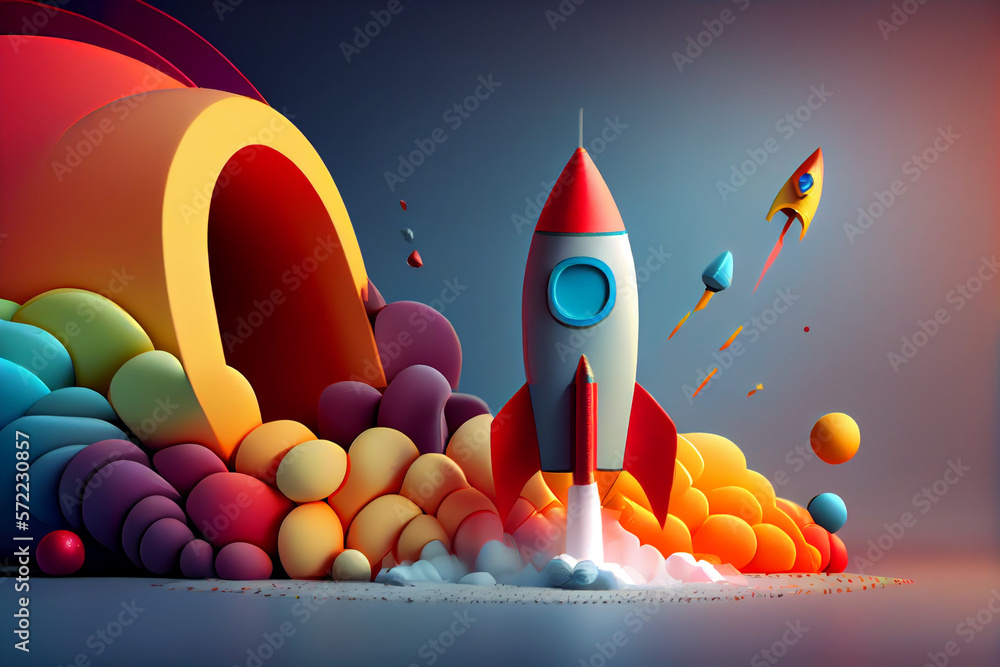 Poster beautiful abstract illustrations on a bokeh background, a toy rocket launches from the books and beg
