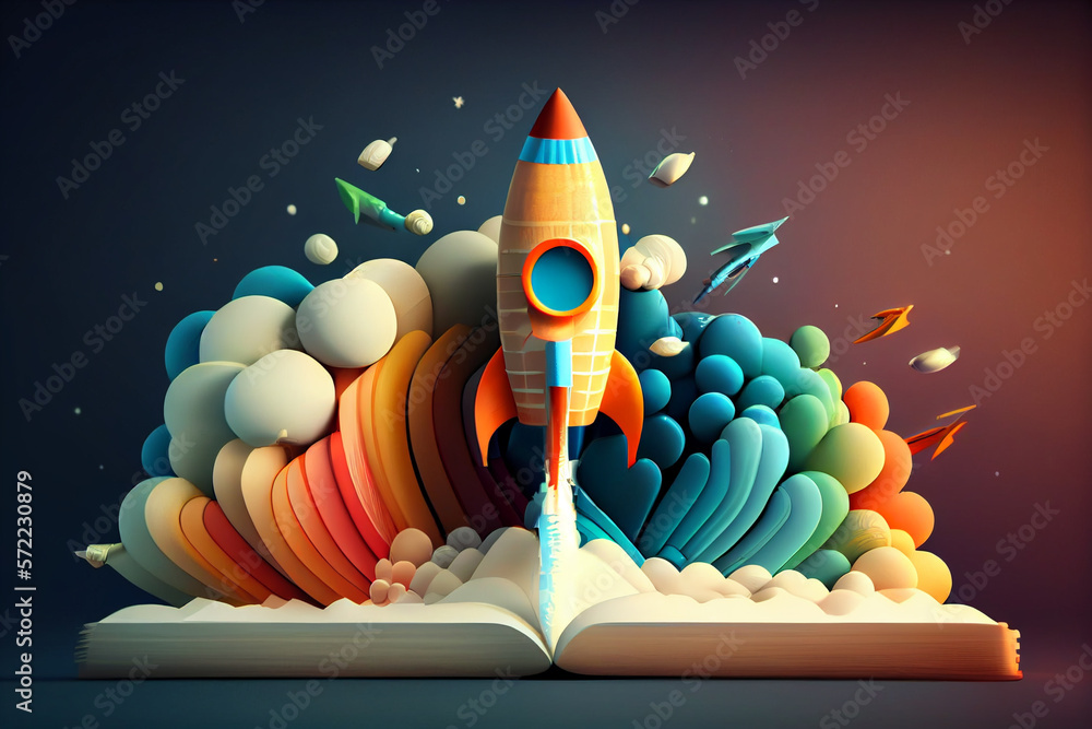 Poster beautiful abstract illustrations on a bokeh background, a toy rocket launches from the books and beg