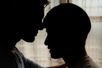 The shadow reflection of an LGBT couple in their private bedroom with a loving vibe between them.