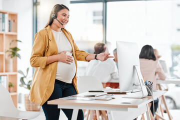 Call center, conversation and pregnant woman in telemarketing support on a computer. Contact us, consulting and customer service employee talking for digital help, advice and work during pregnancy