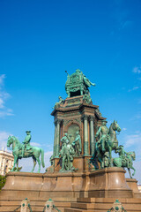 Vienna, Austria - Memorial monument of Maria Theresa at Museums quartier between Art and Nature History museums, with statues, fountains and garden in Vienna historical downtown
