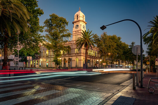 Historical post office building at night in Tamworth, New South Wales, Australia