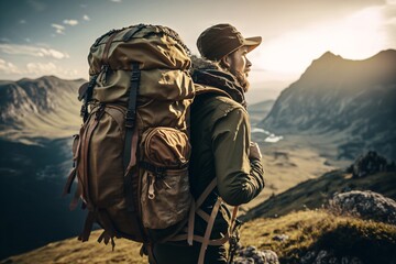 Fototapeta premium Outdoor hiker hiking with bagpack. Generative ai. 