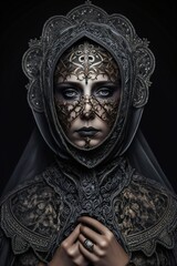 Woman wearing surreal black and turquoise ornamental carnival mask. Generative ai. 