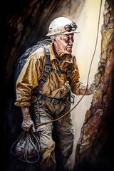 Obraz premium Adventurous Elderly Caver with Rope, Grandfather Spelunking, Exploring Cave holding handline, Outdoor Active People Illustration [Generative AI]
