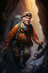 Fototapeta premium Adventurous Elderly Caver, Athletic Grandfather Spelunking, Exploring Cave, Outdoor Active People Rappelling, Rock Climbing, Canyoneering Illustration [Generative AI]
