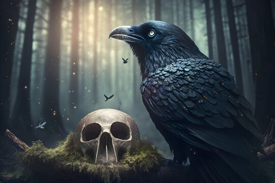 Black Raven with a skull in a gloomy forest, horror aesthetics, spooky black raven with a skull created by Generative AI technology