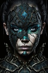 Woman wearing surreal black and turquoise ornamental carnival mask. Generative ai. 