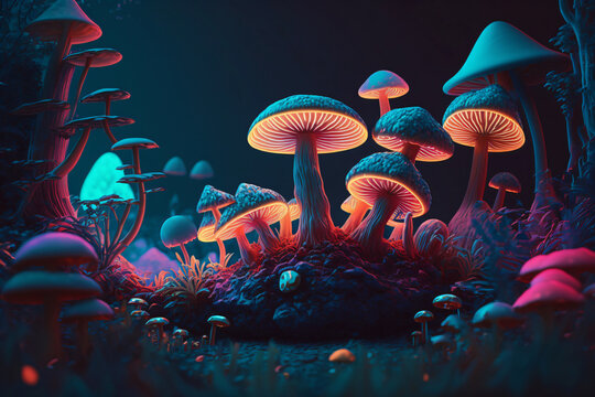 glowing colorful mushroom forest, fantasy, generative ai
