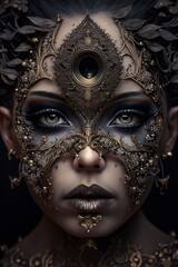 Fototapeta na wymiar Surreal dark art portrait of a woman with black ornamental mask. Generative ai. 
