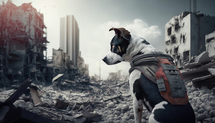 Rescue dog with vest watching city destroyed by earthquake. heroic image. Dog saving lives. Space for text