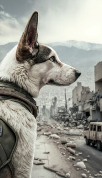 Rescue dog with vest watching city destroyed by earthquake. heroic image. Dog saving lives. Space for text