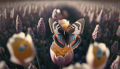 Beautiful colorful butterfly flying over field of spring flowers. graphic resource.