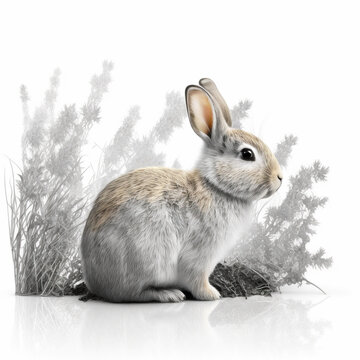 Beautiful silky soft rabbit isolated on white background surrounded by spring flowers. graphic resource. Space for text.