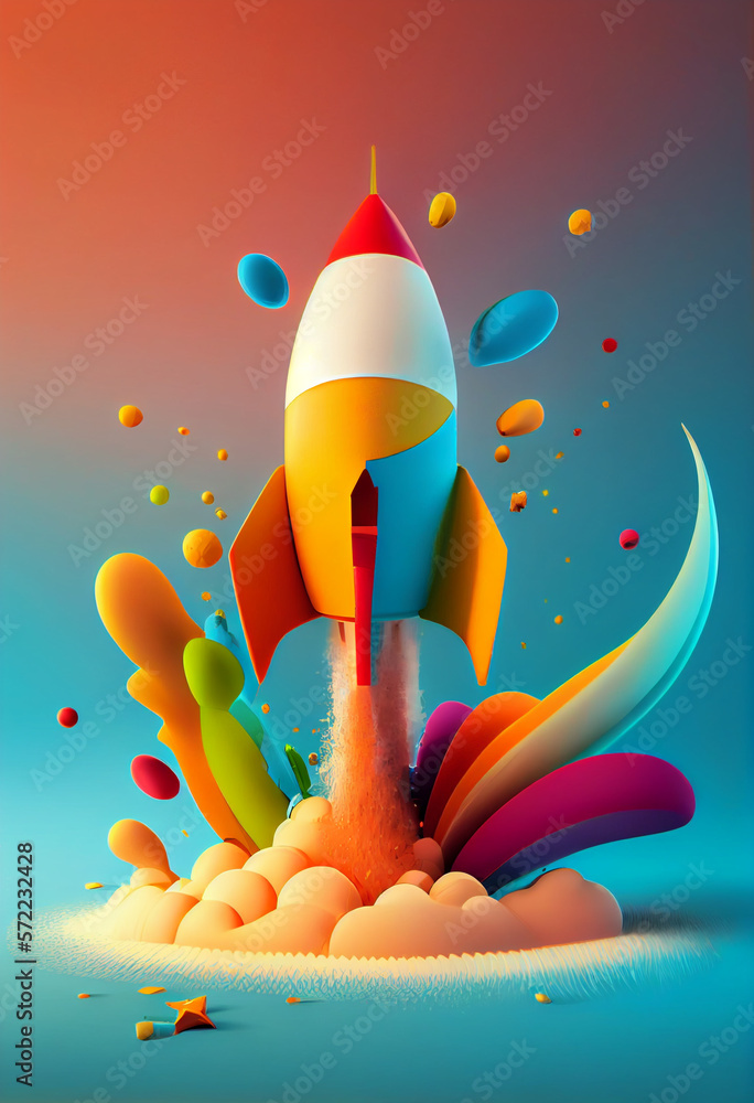 Aufkleber beautiful abstract illustrations on a bokeh background, a toy rocket launches from the books and beg