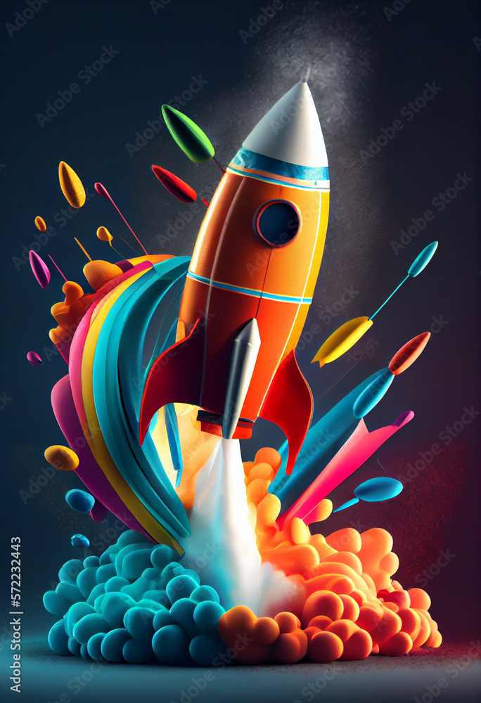 Poster beautiful abstract illustrations on a bokeh background, a toy rocket launches from the books and beg
