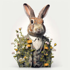 Men's suit with spring flowers and rabbit head on isolated white background.