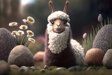 Obraz premium easter Lama with eggs, generative ai