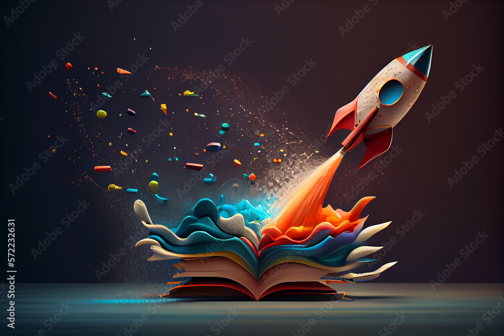 Poster beautiful abstract illustrations on a bokeh background, a toy rocket launches from the books and beg