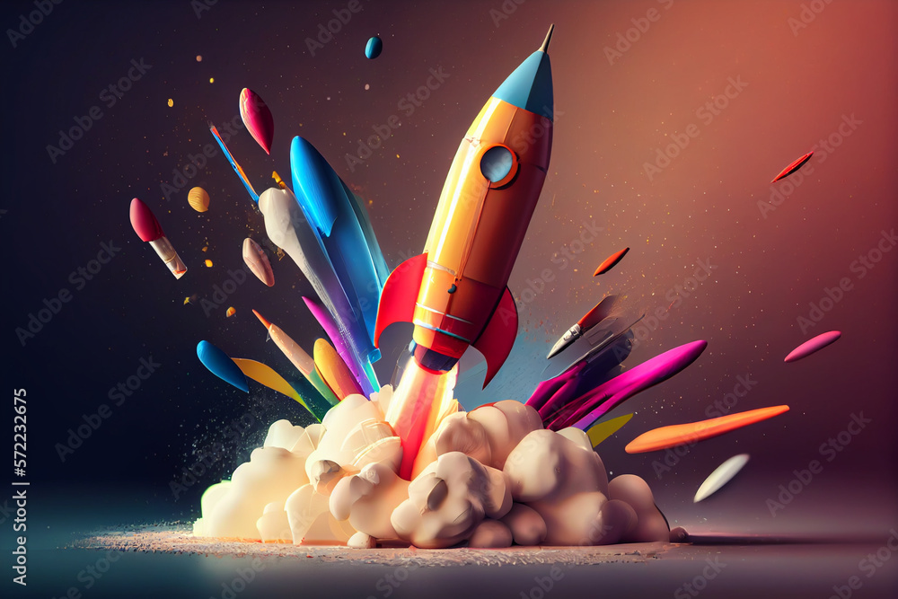 Poster beautiful abstract illustrations on a bokeh background, a toy rocket launches from the books and beg