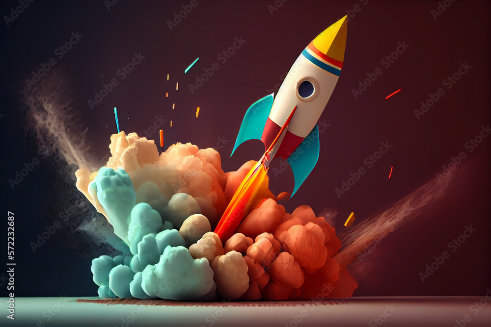 Poster beautiful abstract illustrations on a bokeh background, a toy rocket launches from the books and beg