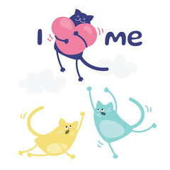 Self love concept, cat hugging heart. Cats try to catch a narcissistic pussycat flying into the clouds. Love yourself. Take time for yourself.  Valentines card. Vector illustration.