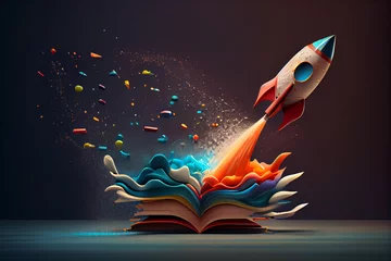 Foto op Canvas Beautiful abstract illustrations on a bokeh background, a toy rocket launches from the books and begins to spew smoke. Symbol of the thirst for knowledge and education. © Oleksandr