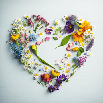 Variety of beautiful spring flowers forming a heart with blank space in the center to place text.