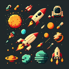 Naklejka premium Pixel art assets space 16 bits, 8 bits, Retro, vintage