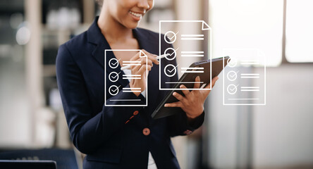 Online business contract Electronic signature, e-signing, digital document management, paperless office, business hand working at office.