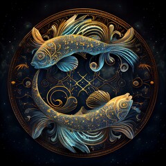 Zodiac sign Pisces, starry night, highly detailed, dark smooth background AI Generated