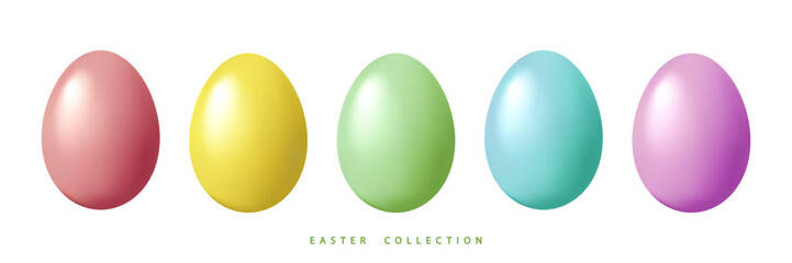 Set of pastel realistic Easter eggs isolated on white background. Easter design element. Vector illustration