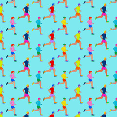 Grid pattern of people running on a blue background