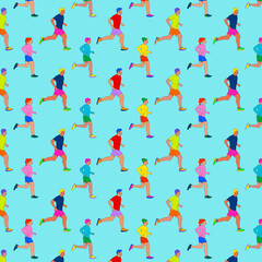 Grid pattern of people running on a blue background