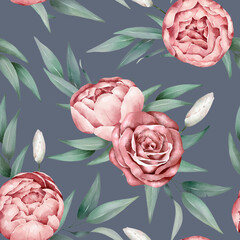 Watercolor Floral Pattern. Peony, rose and leaves.