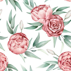 Watercolor Floral Pattern. Peony, rose and leaves.