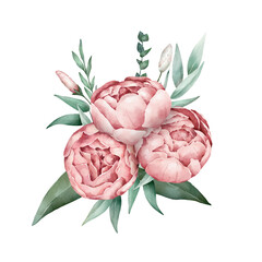Watercolor Floral bouquet. Peonies and leaves.