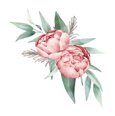 Watercolor Floral bouquet. Peonies and leaves.