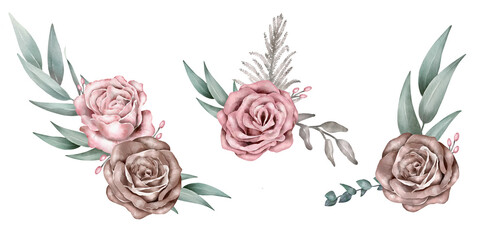 Watercolor Floral set of bouquets. Roses and leaves.