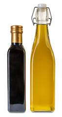 Extra virgin olive oil in glass bottle with airtight cap with snap closure next to vinegar bottle