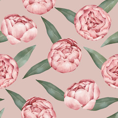 Watercolor Floral Pattern. Peonies and leaves.