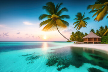 Fototapeta na wymiar Beautiful seascape tropical beach with white sand, palm tree and bungalow, turquoise water of ocean on sunset. Summer vacation. AI generated.
