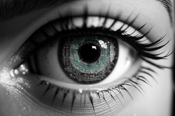 Eye image with C language code Flowing like the movie The Matrix is reflected in the retinas of the eyes, generative ai