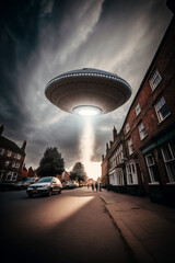a white ufo flying in the sky light modern future hovering above the city. made with generative ai.