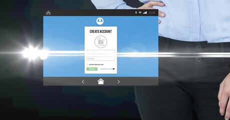 Composition of screen with create acoount and registration data over businessman