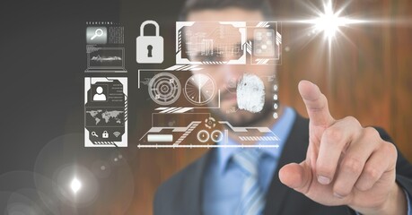 Composition of businessman touching screen with digital icons and biometric fingerprint